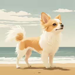 a dog is standing on the sand by the ocean