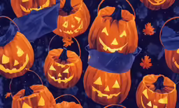 carved pumpkins with carved faces and blue ribbon on them