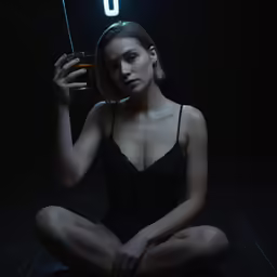 a woman with lingerie holding a radio