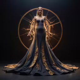 a woman in a blue dress with gold accents