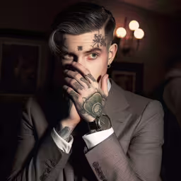 a man with tattooed arms holds his hands behind his face,an image of a person that is covering his face