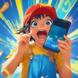 the young girl holds a smart phone up with a surprised look on her face