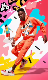 a young black man in an orange outfit poses against a colorful background