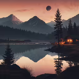 the mountain is beautiful and has a lake in front,an alien moon rises above a mountain range, and a lake with a cabin in it