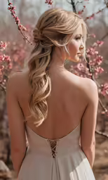 a woman is posing for a photo while wearing a wedding dress