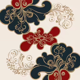 three colorful flowers and designs on a white background