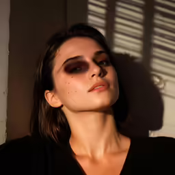 a woman with a black top sitting on the side of a building