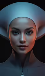 this portrait shows an elf with dark blue eyes, wearing a white hat