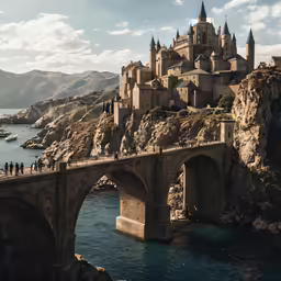 a large bridge leading to a castle over water