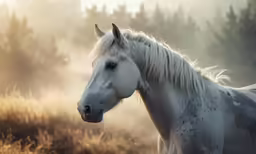 a white horse standing in a field next to trees