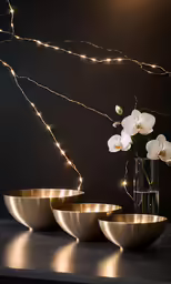 white flowers sitting in bowls in front of a wall