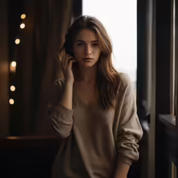 a beautiful young woman sitting next to a window