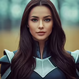 a woman in black and white armor posing for a photo
