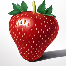 a painting of a strawberry with green leaves and red skin