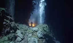 the person in the dark standing next to a rock