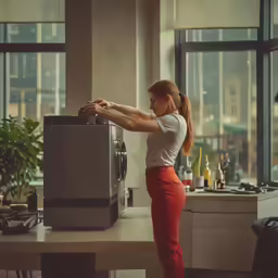 a woman is bending over and looking into the oven