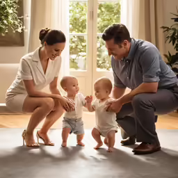 three babys are getting help from an adult