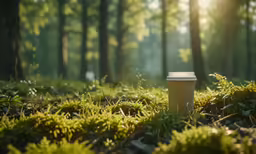 the coffee cup is in the middle of a forest