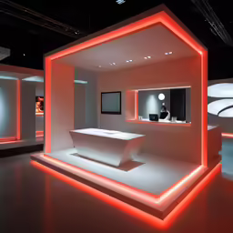 a white room with lights, shelves, and a display counter