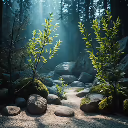 the sun shines through some green plants and rocks