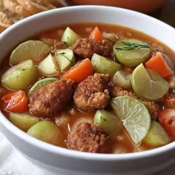 a bowl of soup with vegetables and meatballs