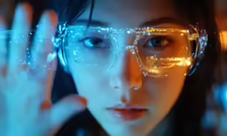 the girl with glasses holds out her hands to display her reflection