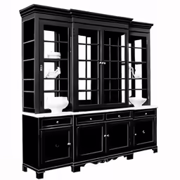 a black cabinet with two vases and some white dishes