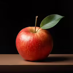 an apple with a leaf and light coming from the top