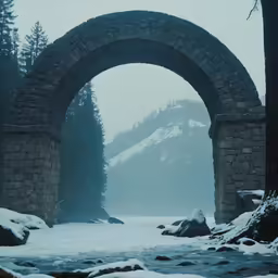 an old stone bridge crosses over a frozen stream