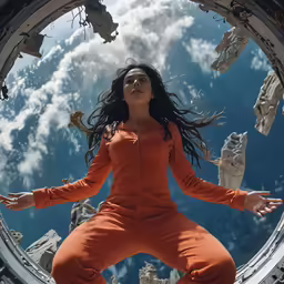 an artistic image of a woman dressed in orange flying through the air