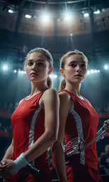 two female badminton players at an indoor arena