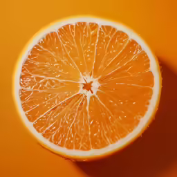an orange cut in half sits on a yellow surface