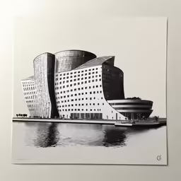 an architectural drawing of two buildings in front of a body of water