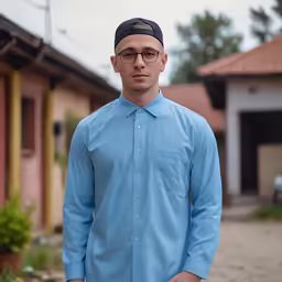 a man wearing a baseball cap standing in a driveway