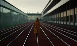 a woman standing on a track next to a building