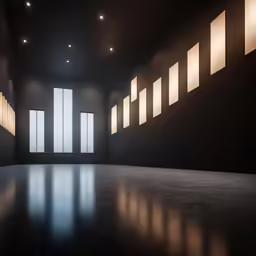 a dimly lit room with several windows and a curtain