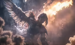 a woman stands on the ground with wings outstretched
