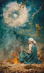 the woman is sitting down and looking up at the moon