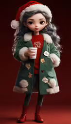 a doll with grey hair wearing a green coat