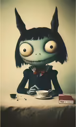 a weird looking doll sitting at a table