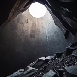 a person standing at the end of a tunnel with sun shining through it