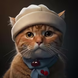 the cat is dressed in an unusual looking hat and scarf