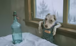 a small dog stands behind an empty bottle and looks out of a window