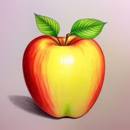 an apple has a yellow red and green bite,an apple with green leaves and orange top on a white surface