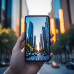 someone holding a smartphone taking a selfie on the street