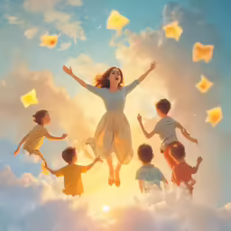 a woman with hands up in the air, surrounded by children