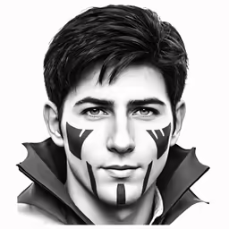 the image is black and white with an arrow painted on his face
