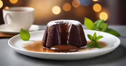 a chocolate bundt cake is drizzled with icing and some mint leaves
