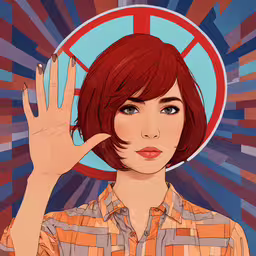 a woman with a peace sign painted on her head,a woman holding her hand up in front of her face