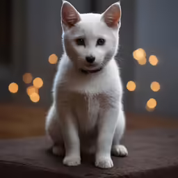 a white kitten sitting on top of a table
